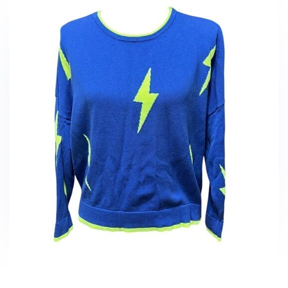 Wispr by Brodie Blue Neon Green Lightning Bolt Cotton Silk Pullover Sweater L - Picture 1 of 5